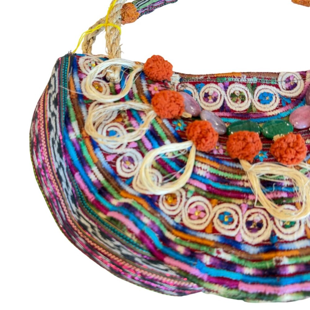 Boho Shoulder Bag Beads Rope Handles Colorful Embroidered Indie Hippie Festival - Picture 3 of 6